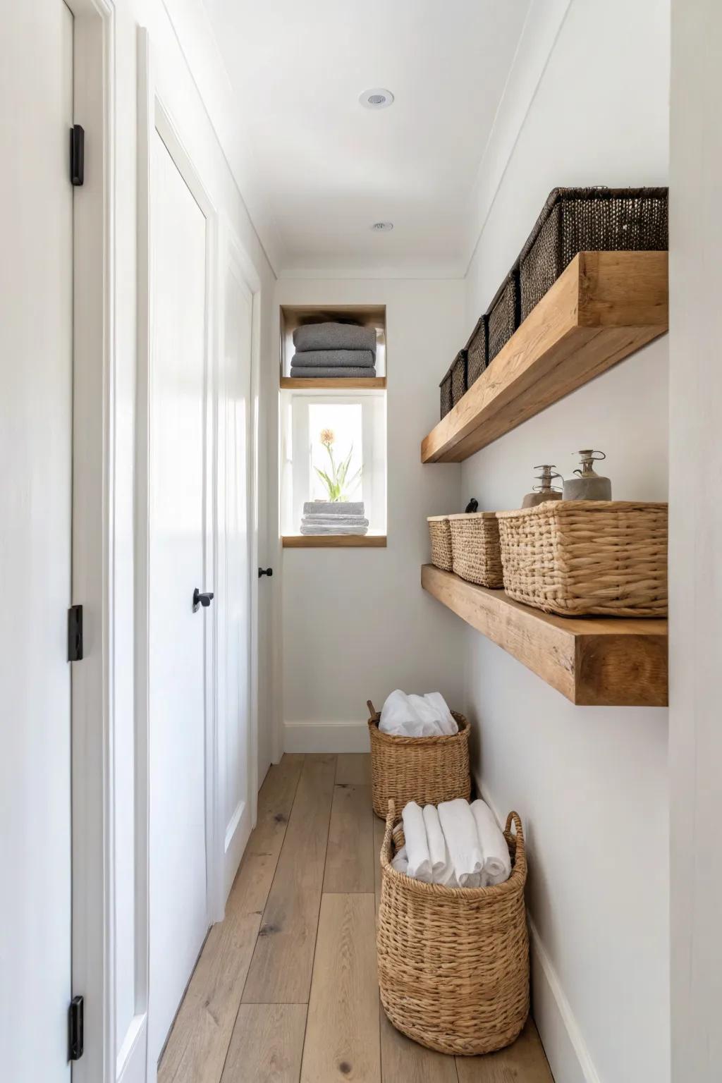 Ceiling-height hallway shelf for towels + toiletries—smart storage when there’s no room for a console.