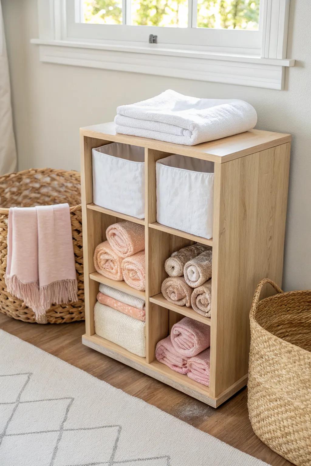 A cube organizer topped with a changing pad—tiny-space nursery magic with built-in storage.