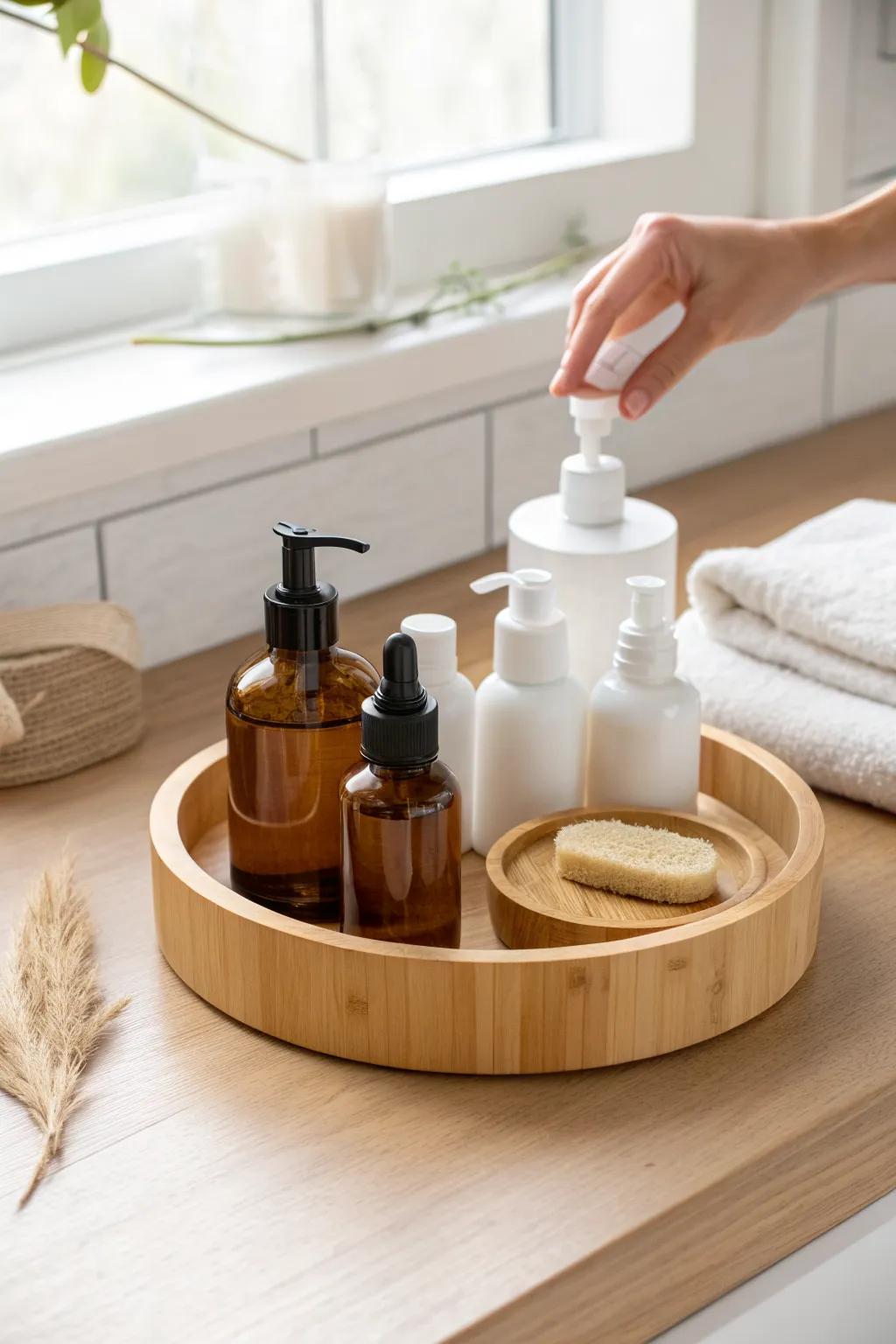 Spin bottles on a lazy Susan for cheap, easy access—no shelves needed under the sink.