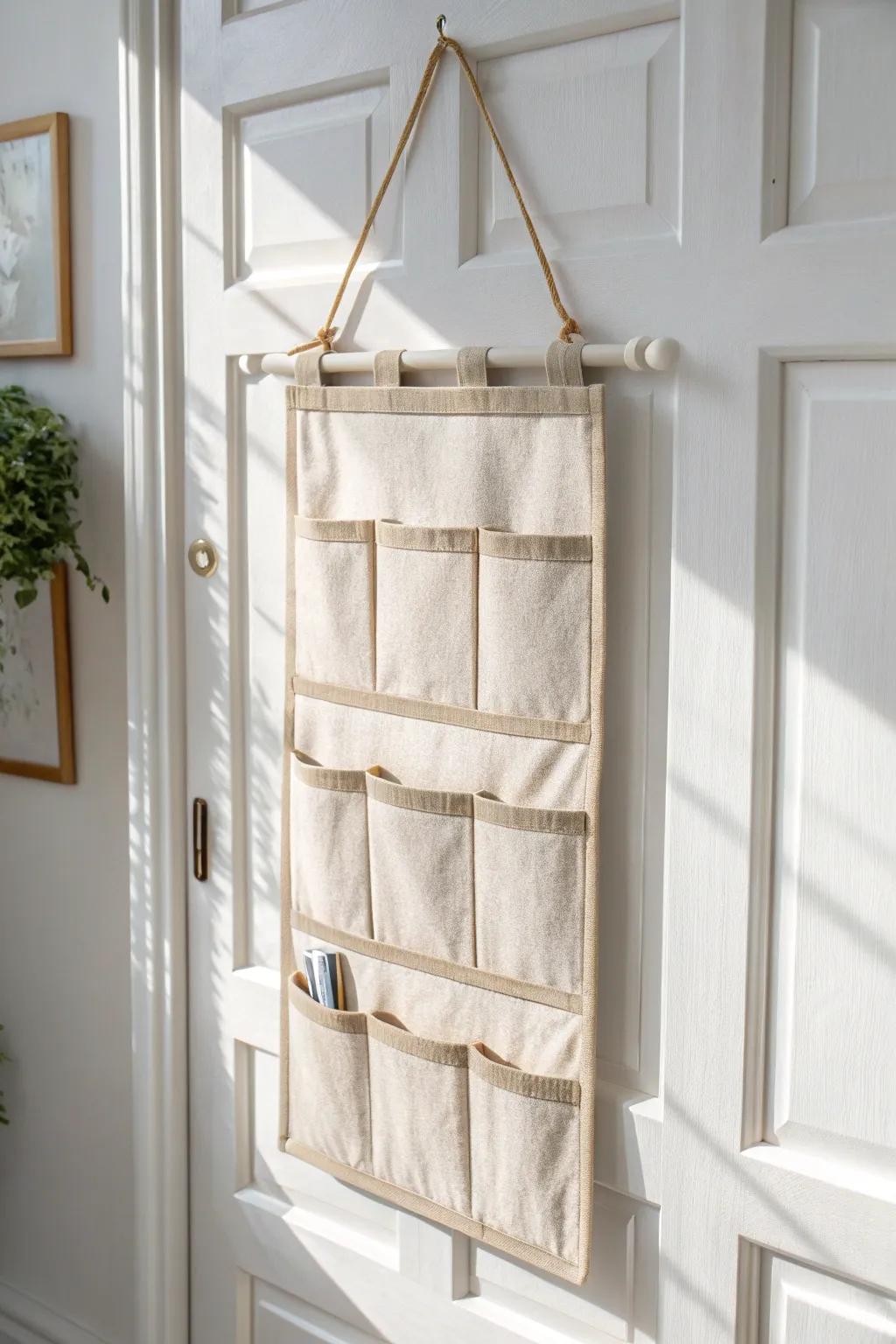 No space? No problem—this linen over-the-door pocket organizer adds instant storage on a budget.