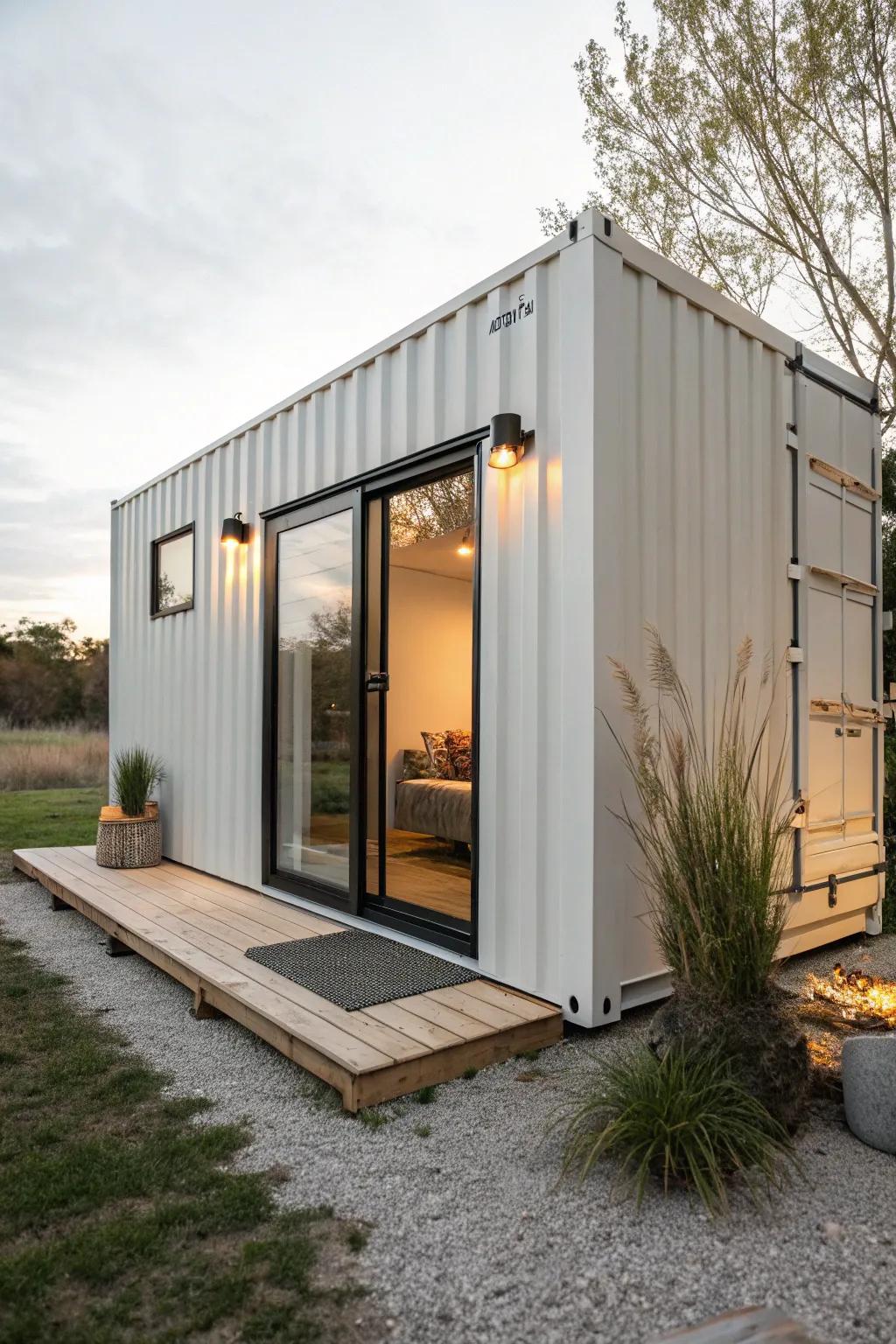 A sleek shipping-container studio + simple wood deck—compact, modern, and surprisingly luxe.