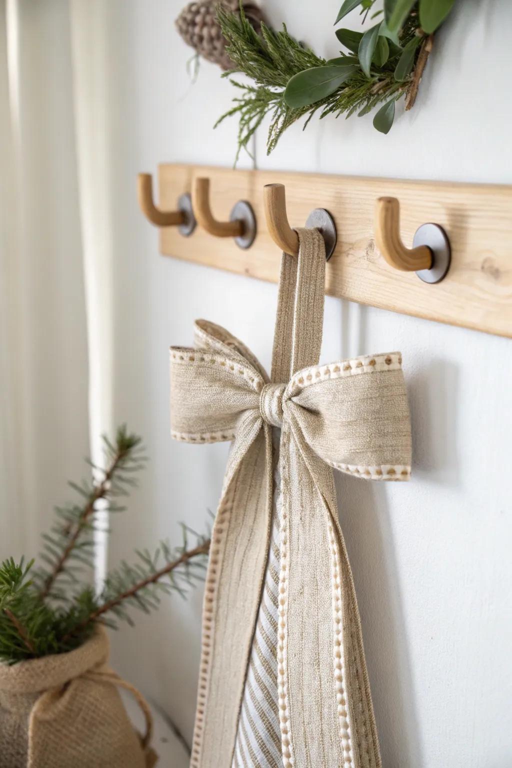 Oversized linen Christmas bow on a simple oak wall hook—festive, minimal, space-smart.