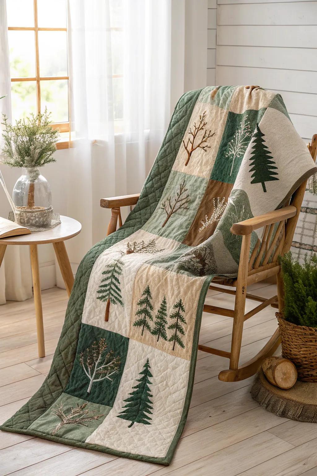 Step into a winter wonderland with this exquisite patchwork forest quilt, where craftsmanship meets nature's elegance.