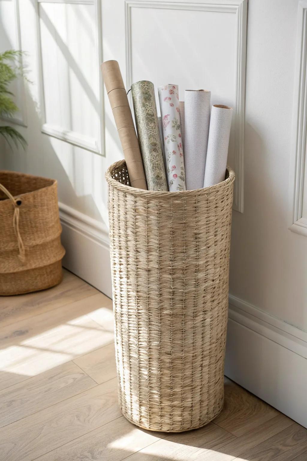 Store wrapping paper upright in a tall bin—no creases, no toppling, easy grab-and-go.