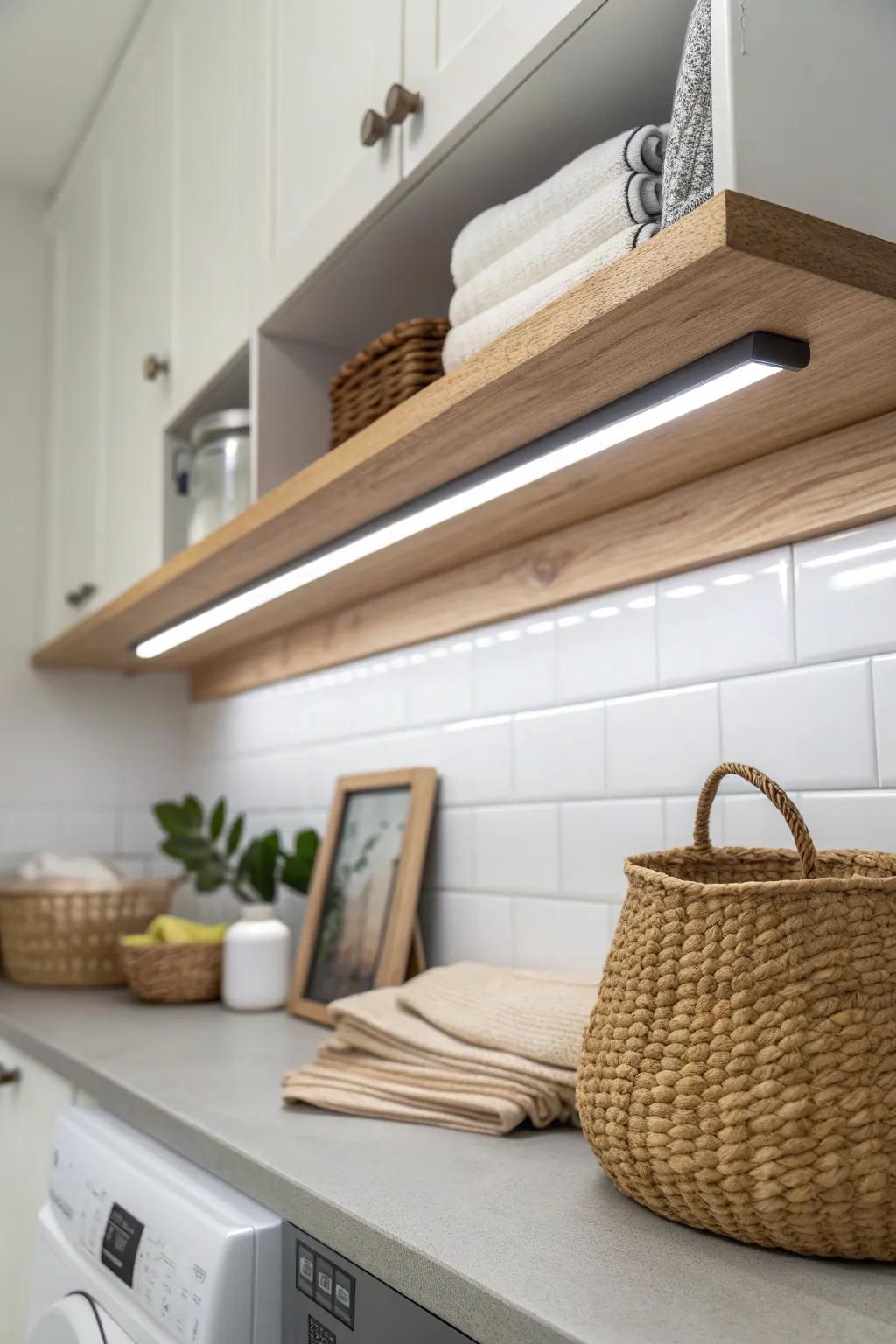 Under-shelf task lighting turns a tiny utility room into a bright, practical workspace at night.