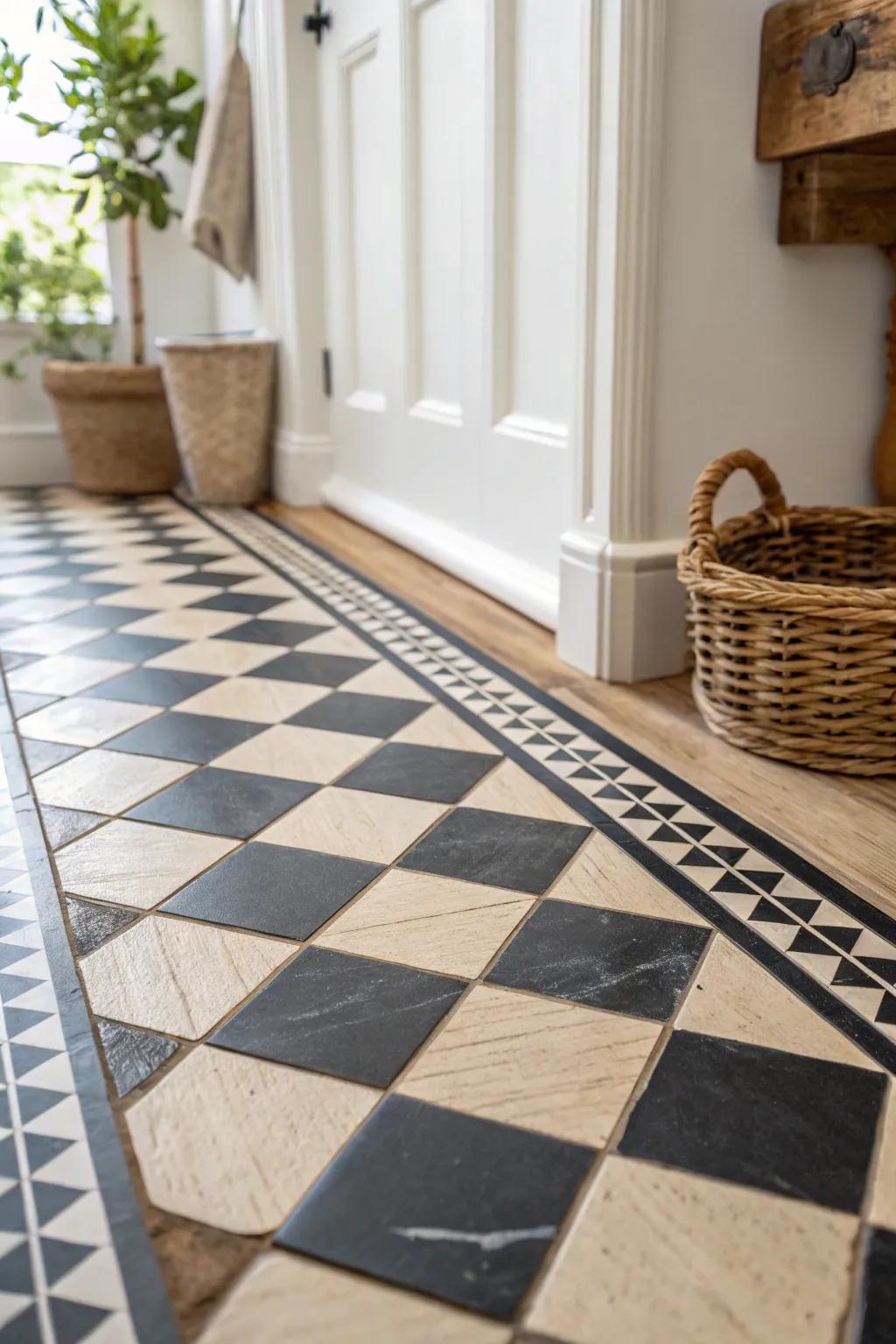 Bold checker tiles make a tiny cloakroom feel designed—eyes down, space feels bigger.