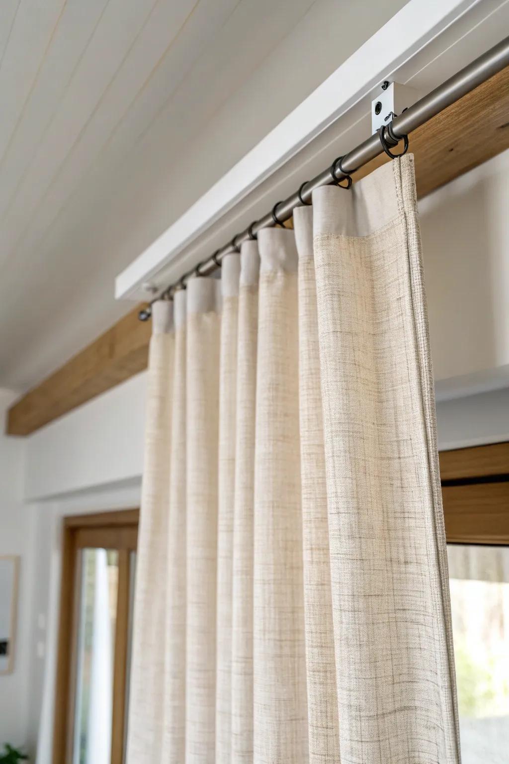 A ceiling-mounted curtain track makes your curtain glide like a door—and lifts the room visually.
