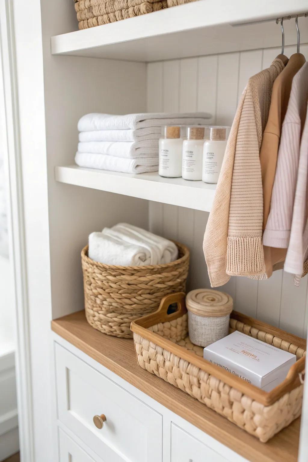 Mini diaper supply shelf: diapers, wipes & cream neatly stored for closet nursery ease.