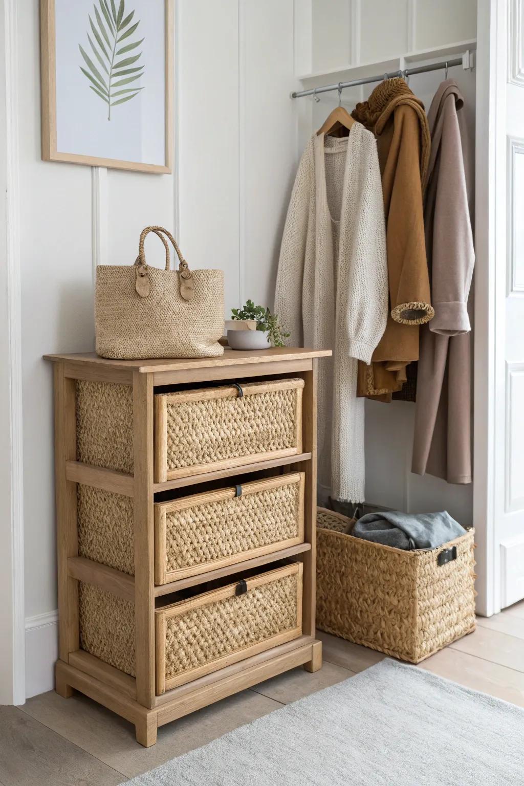 Use the space under coats: stackable drawers create a calm, clutter-free drop zone.