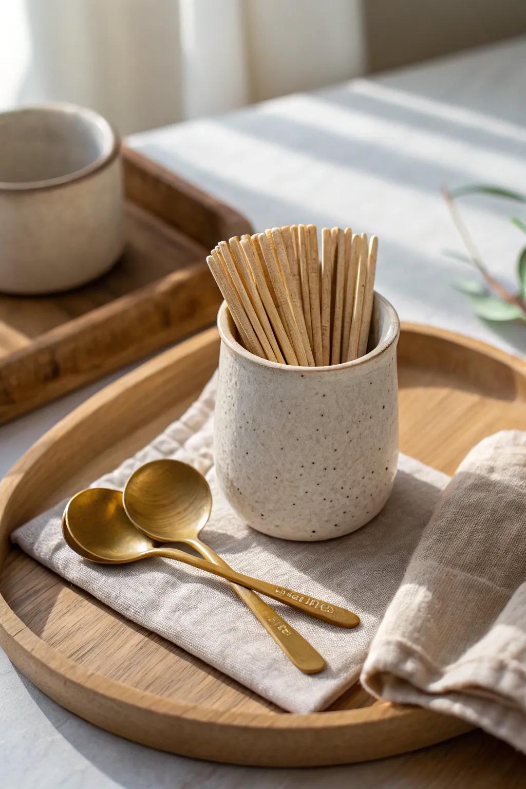Tiny cups keep spoons and stir sticks tidy—stylish, simple, and perfect for small coffee bars.
