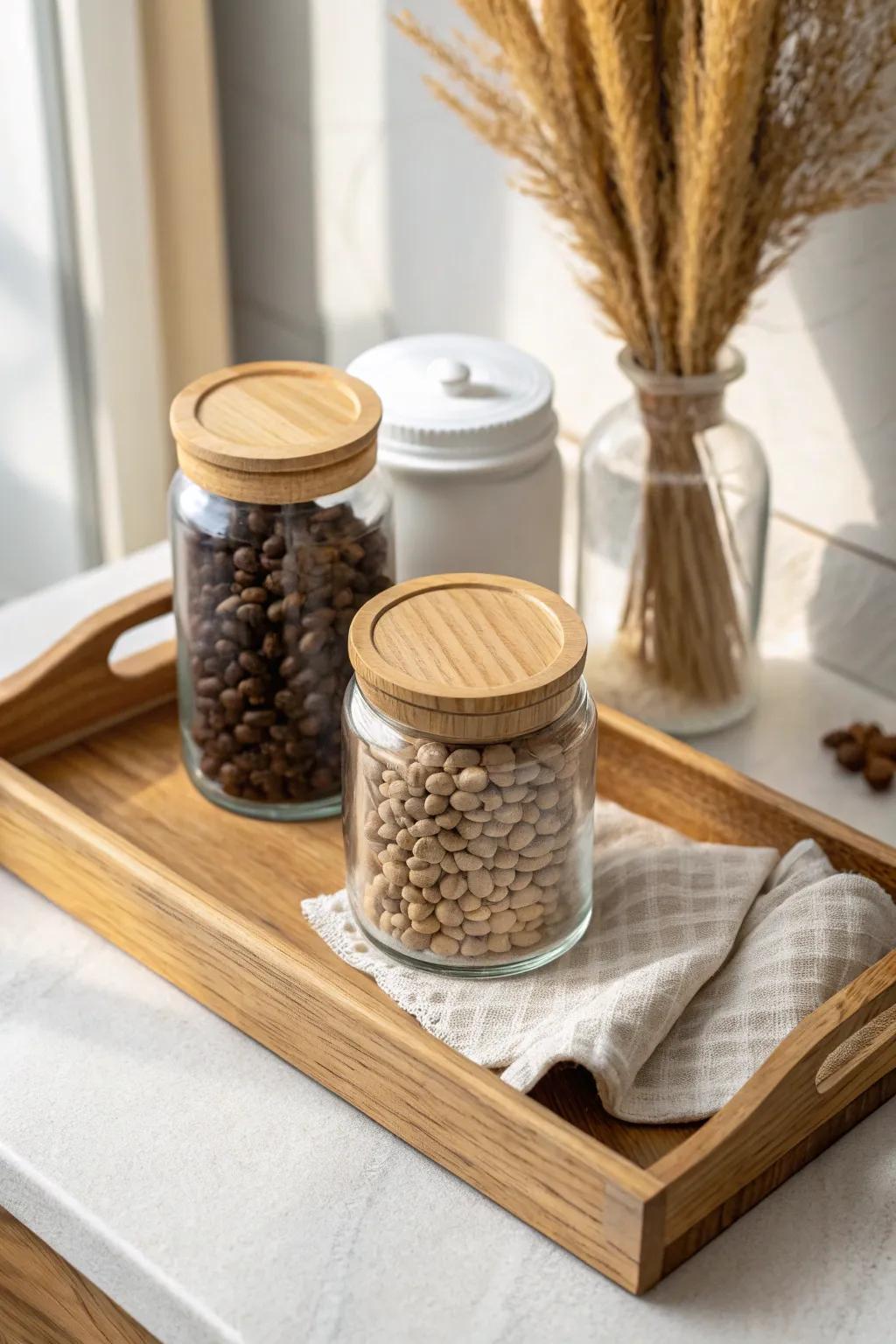 Style your coffee bar shelf with one tray and glass canisters for a calm, curated look.