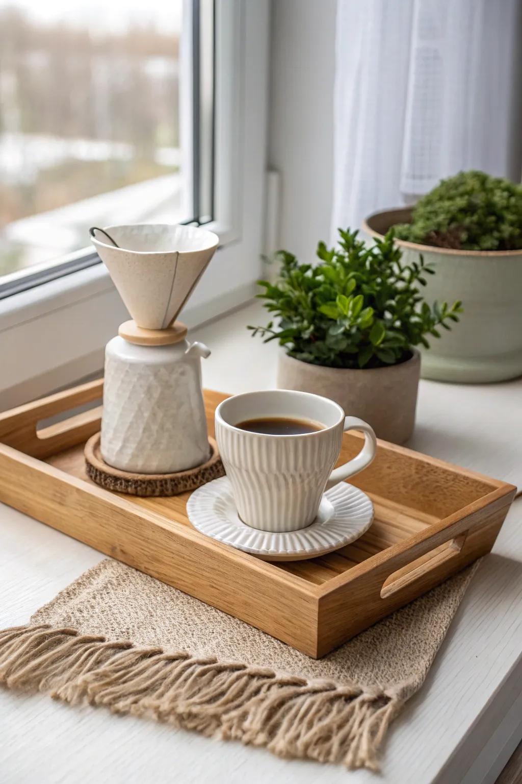 A window-lit coffee corner: warm light, clean lines, and a tiny plant for instant calm.
