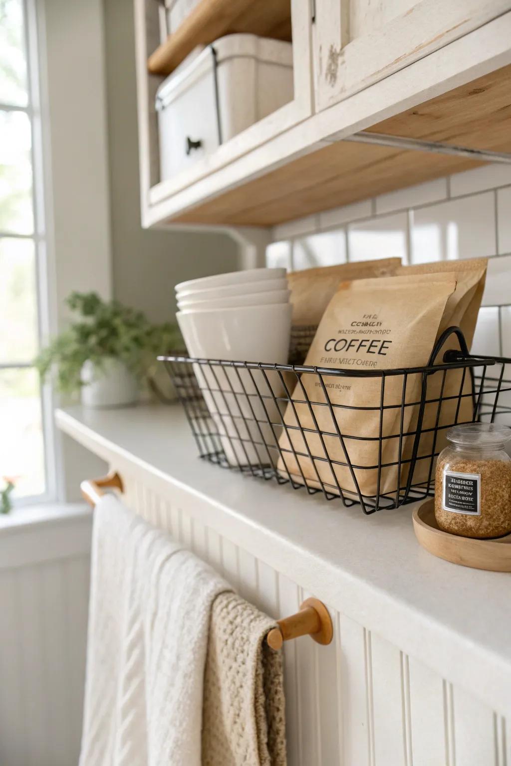 Slip in an under-shelf basket to store coffee bags + filters—instant hidden space saver.