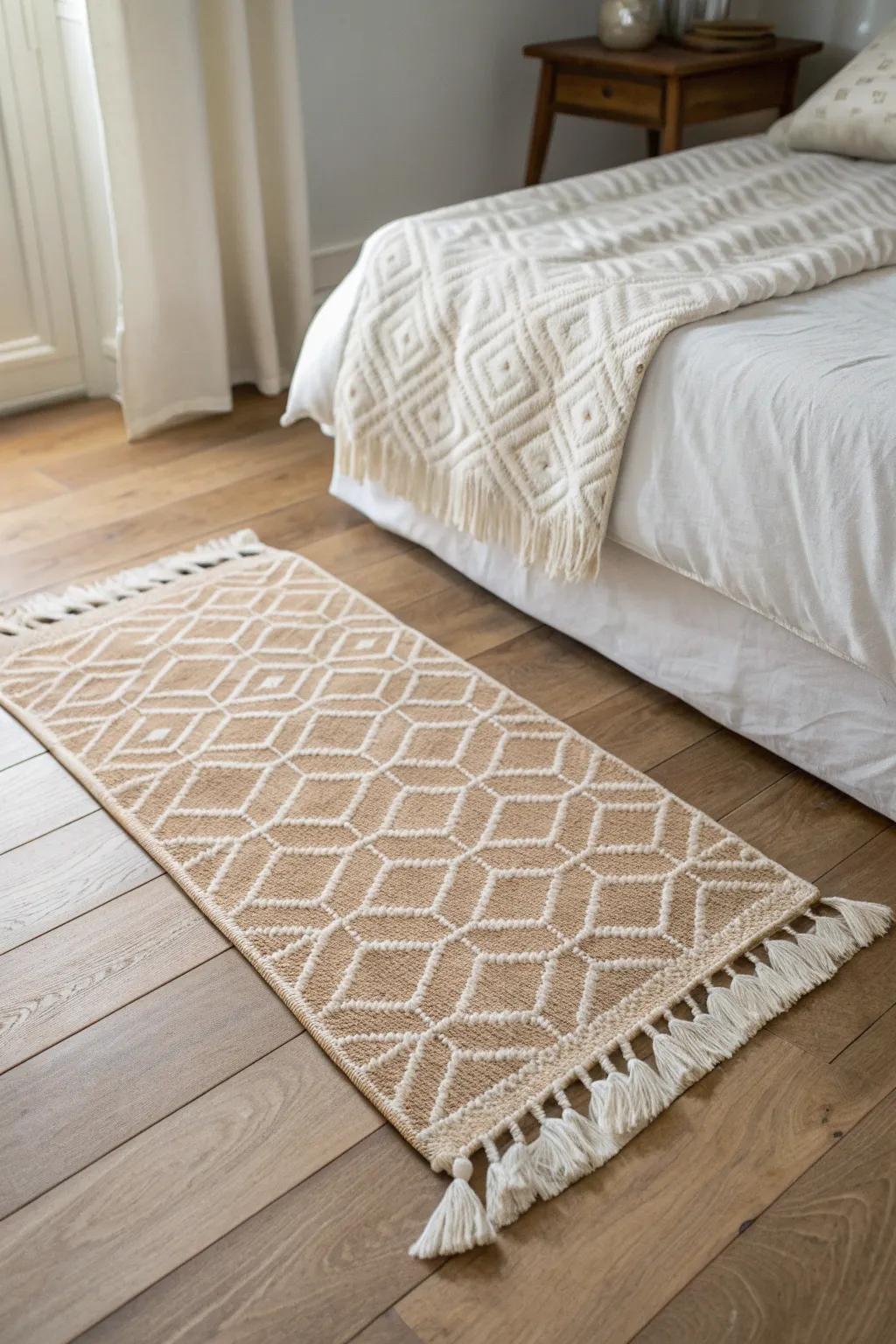 A small wool rug beside the bed adds instant warmth and makes any rental feel cozy.