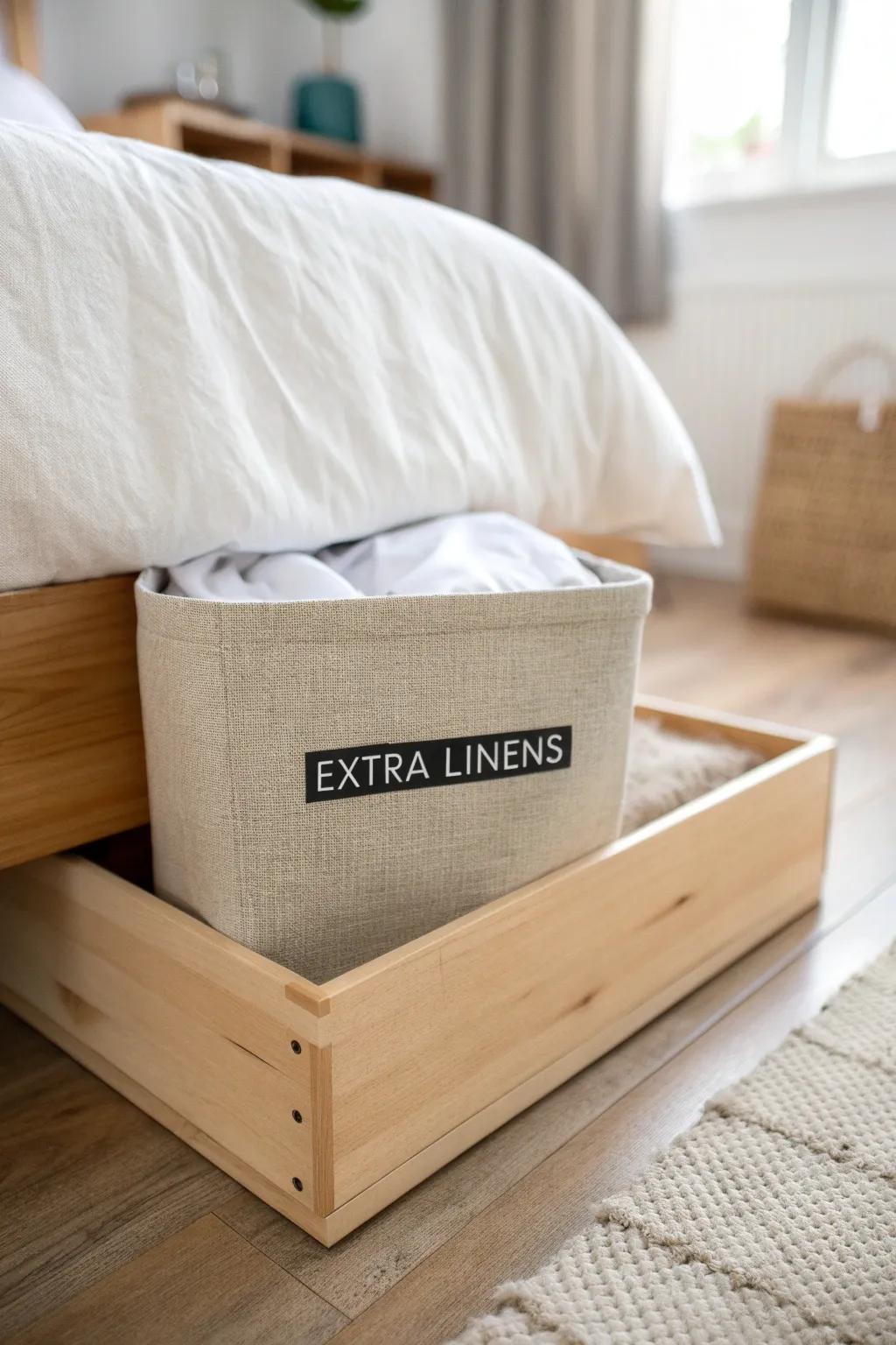 Slide-out labeled under-bed bin keeps extra linens tidy—small-space storage you’ll actually use.