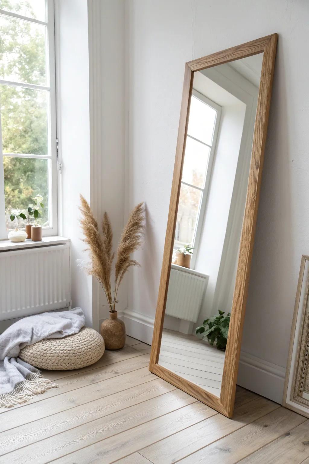 Hang a full-length mirror to bounce light and instantly make your dorm feel bigger.