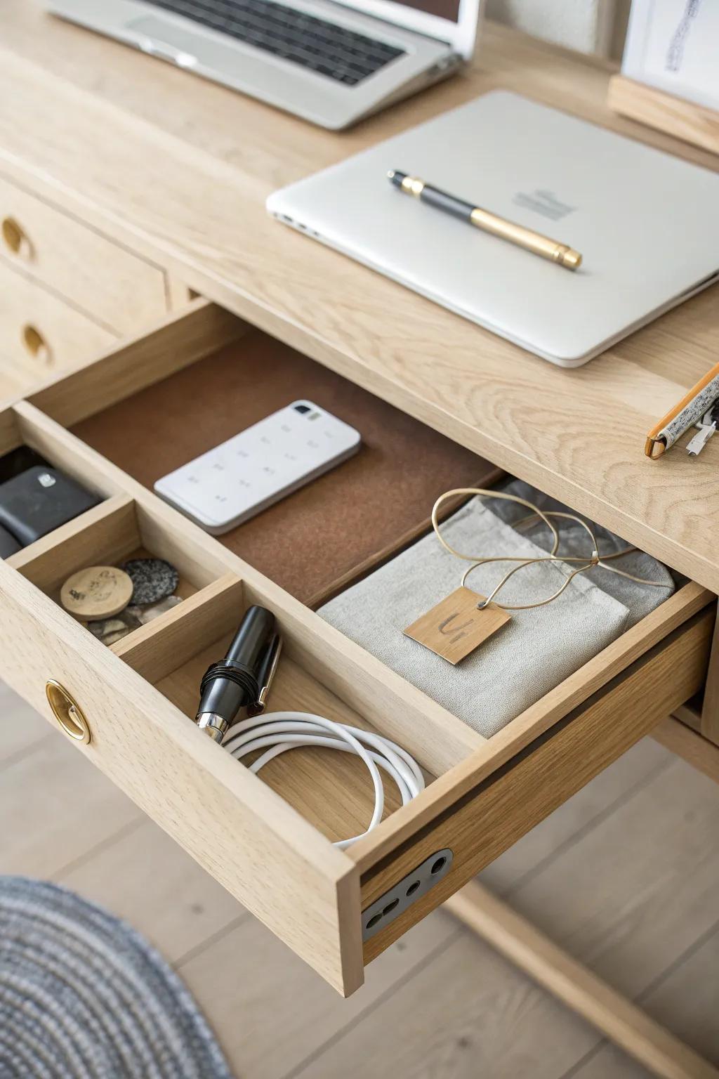 A lockable divider drawer keeps office essentials tidy—and safely out of little hands.
