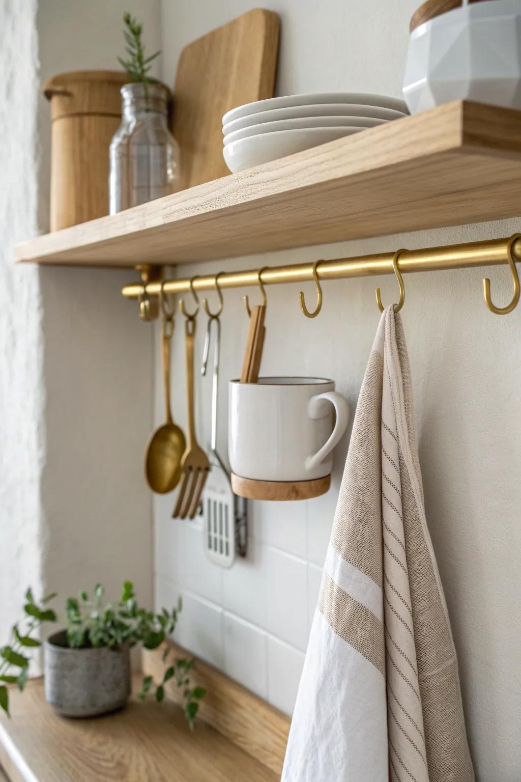 A slim rail under shelves adds stylish storage for mugs and utensils in tiny studio kitchens.