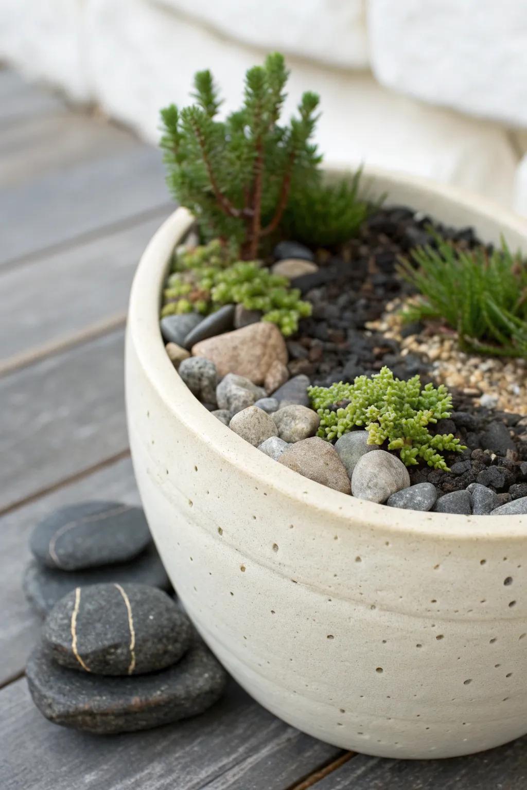 A mini dry creek bed in a pot—pale pebbles winding through dark gravel for instant wow.