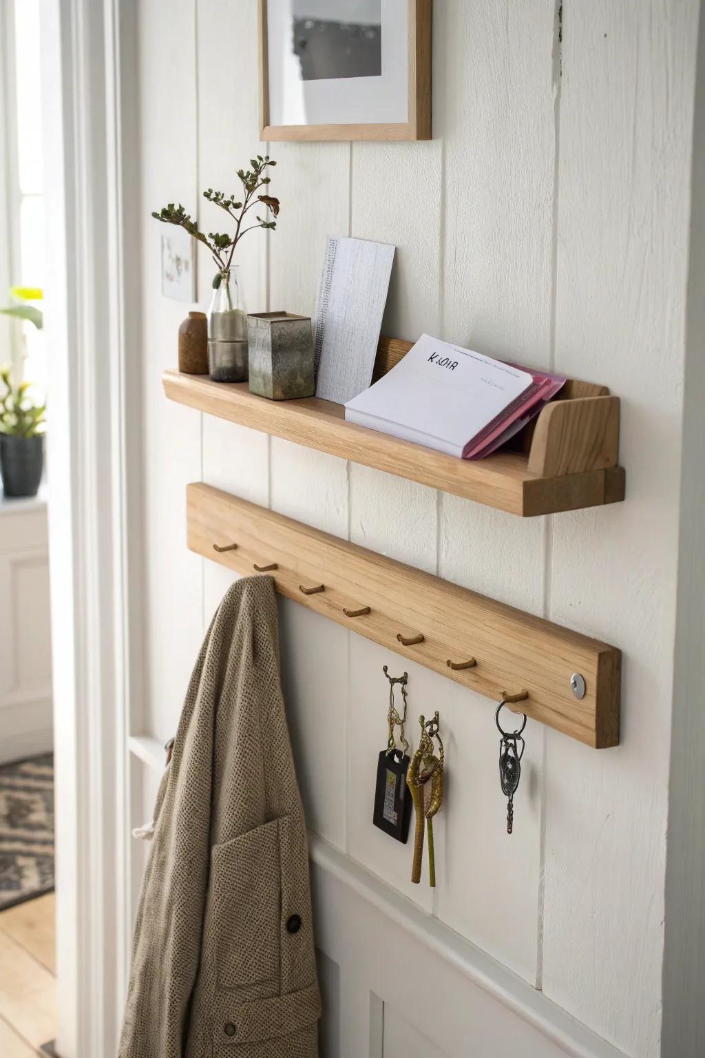 A skinny entryway shelf strip that corrals keys + mail with minimalist, boho warmth.