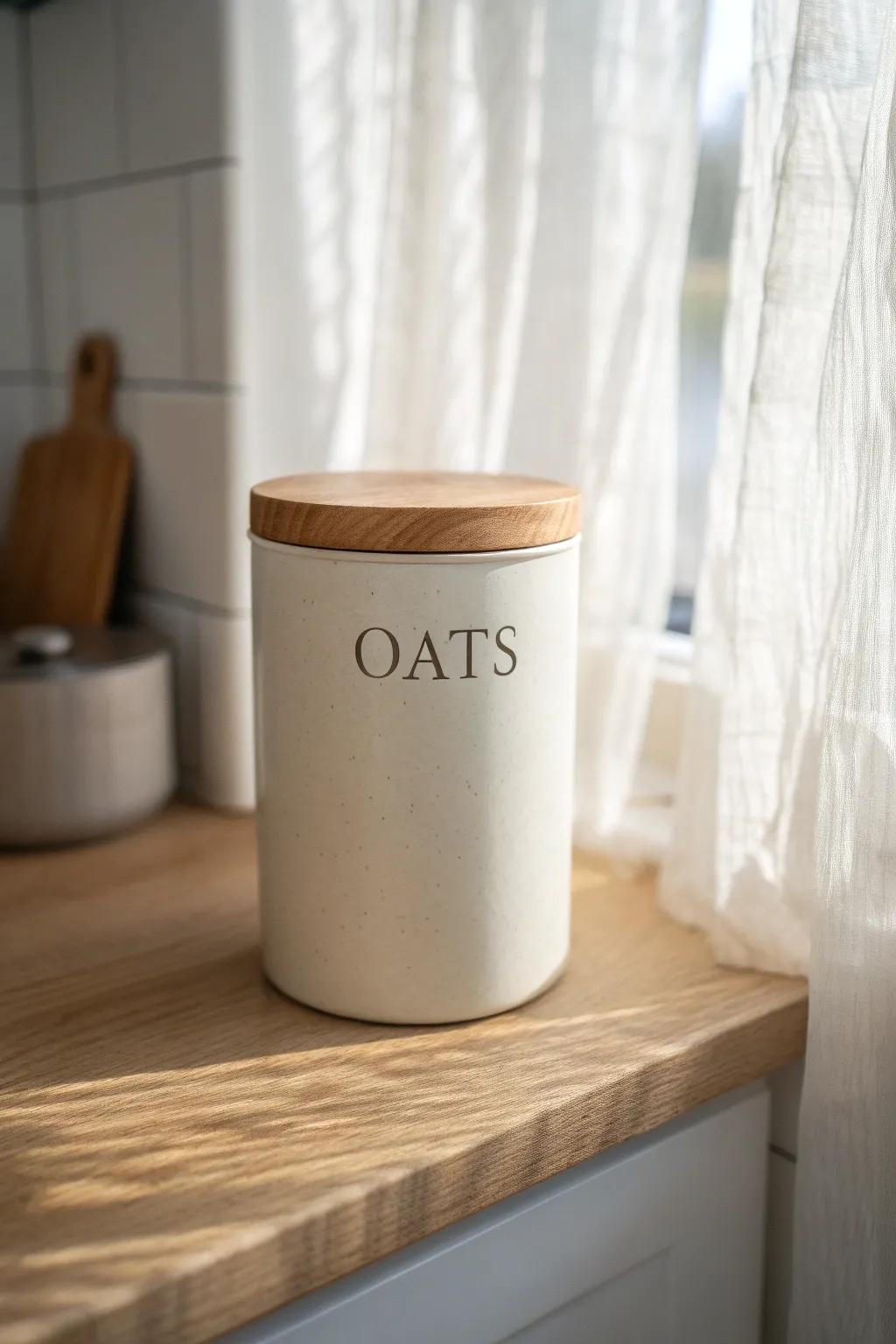 Upcycled coffee tin canister with a wood lid—chic, labeled storage for small-space pantries.