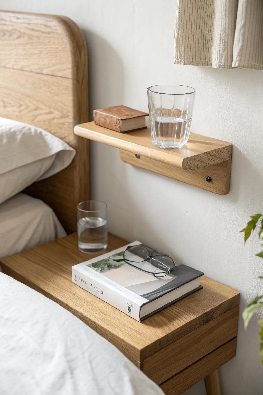 A tiny corbel shelf nightstand that keeps the floor clear and the bedroom feeling bigger.