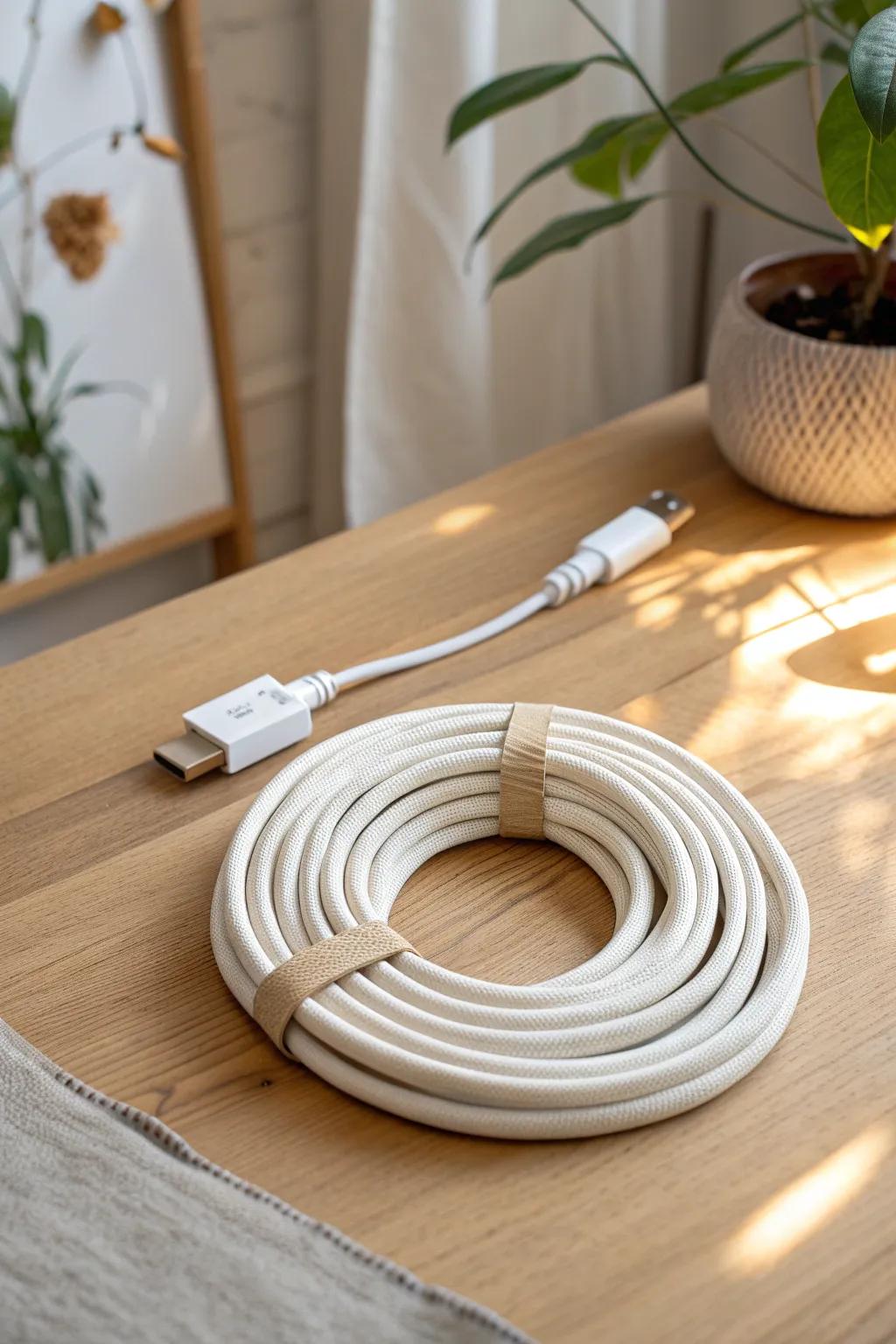 Coil long cords into a flat spiral and secure with cable ties for a clean, knot-free look.