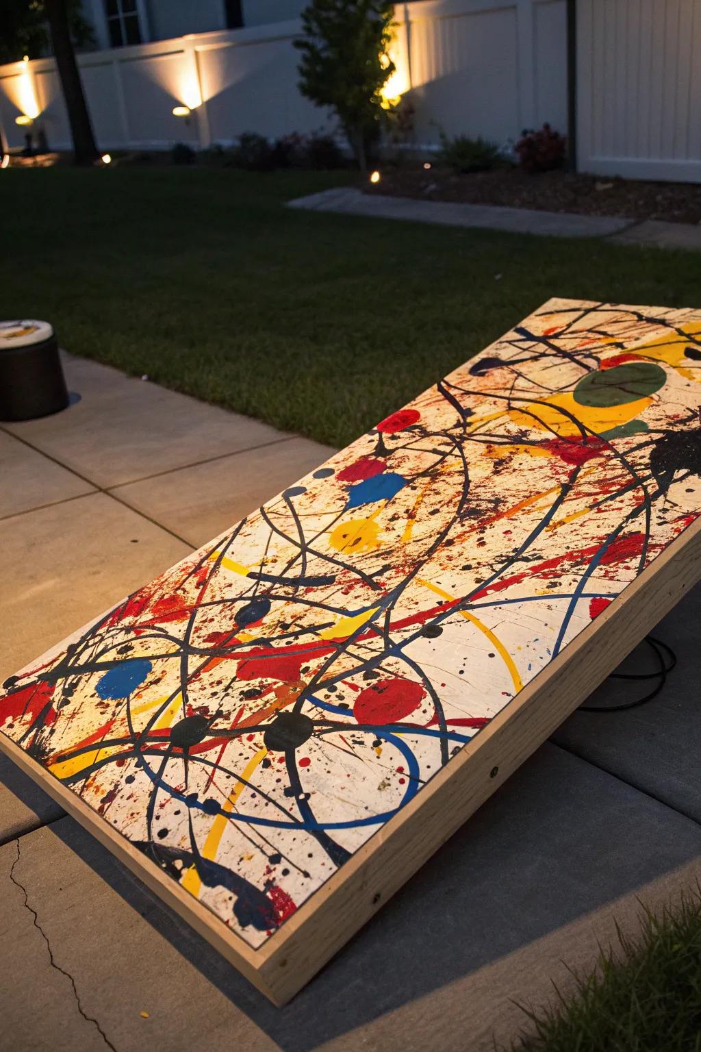Unleash your inner artist with this striking abstract corn hole board design. Every angle reveals a new masterpiece.