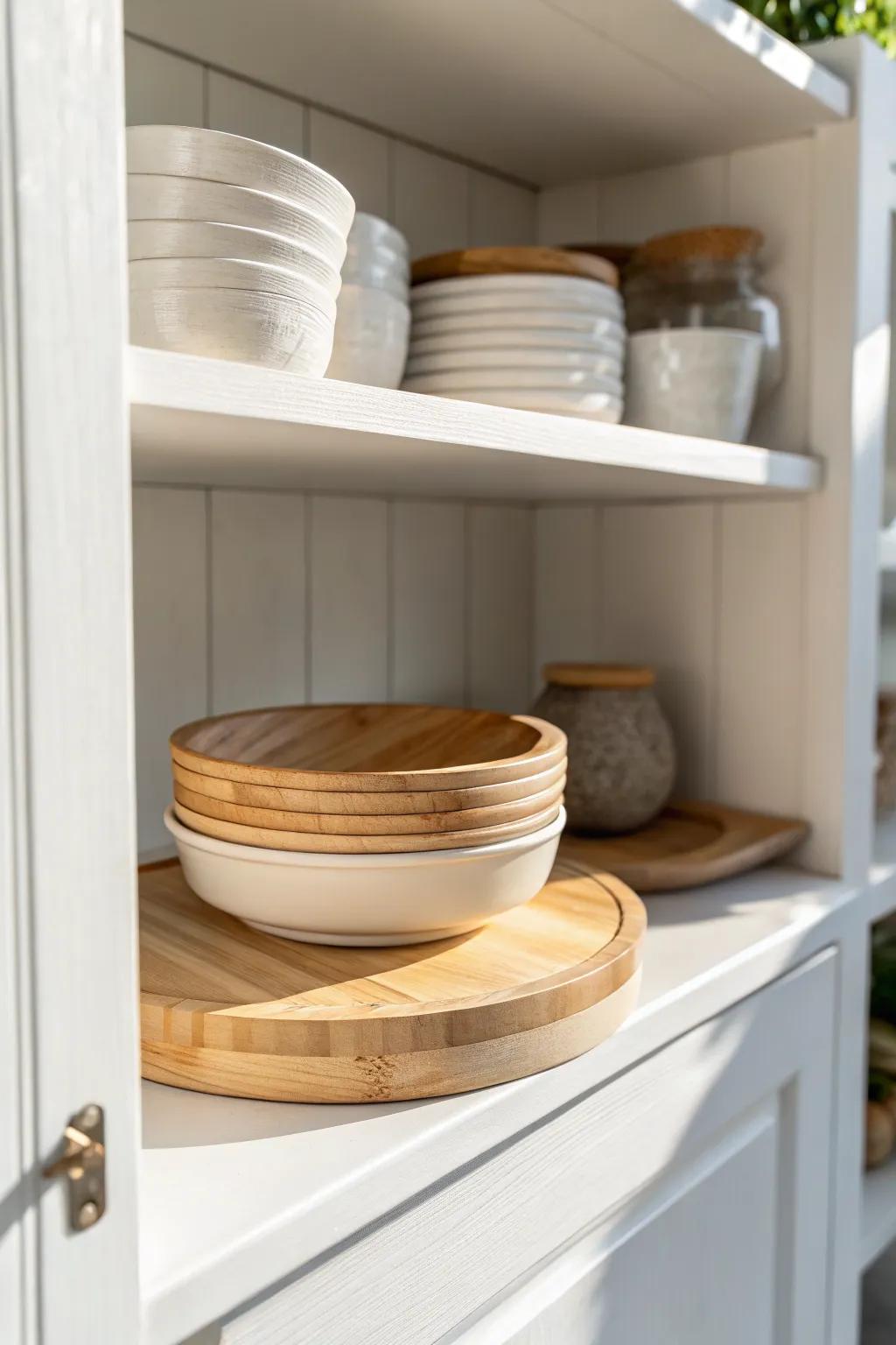 Add a simple shelf riser to double your corner cabinet space and keep everything visible.