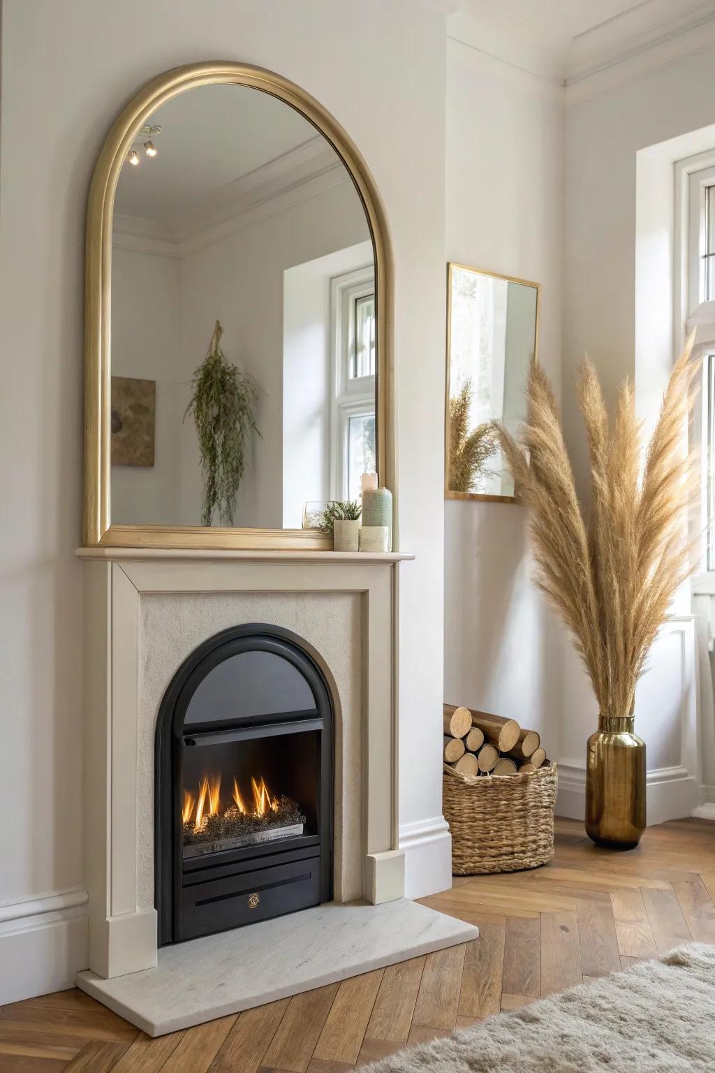 A mirror above a corner electric fireplace doubles light and makes small rooms feel wider.