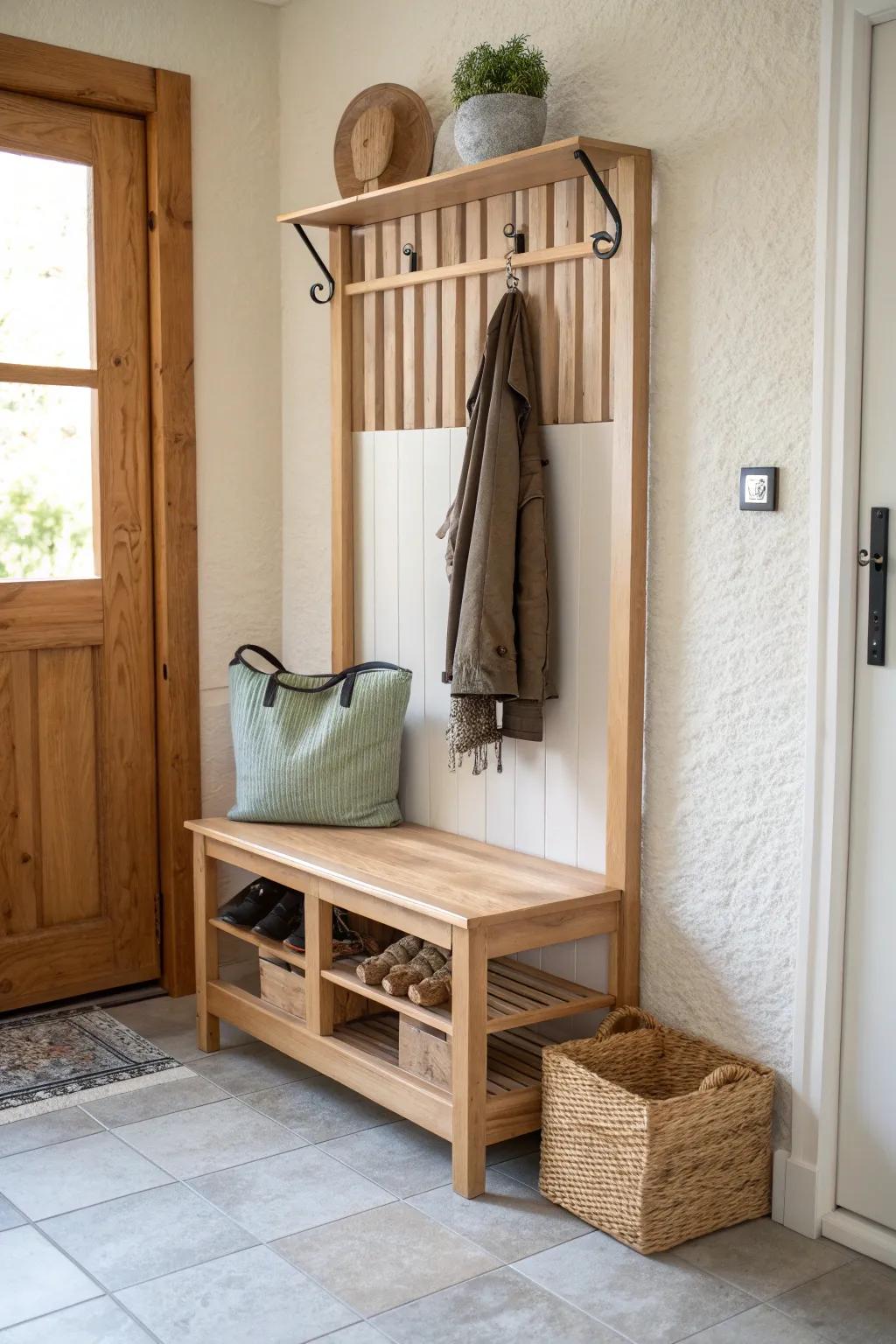 Make the entryway corner work harder with a slim hall tree—bench + hooks, zero clutter.