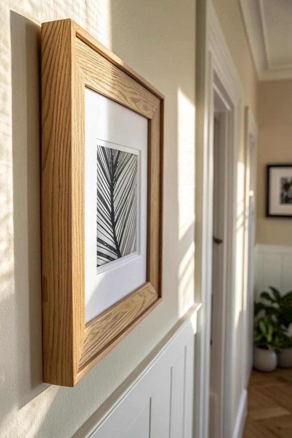Make the hallway turn feel designed: anchor the corner with one statement frame and build out.