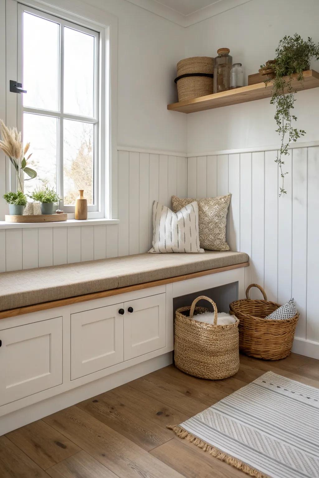 Simple wall paneling behind a corner bench makes the nook feel custom and scuff-proof.