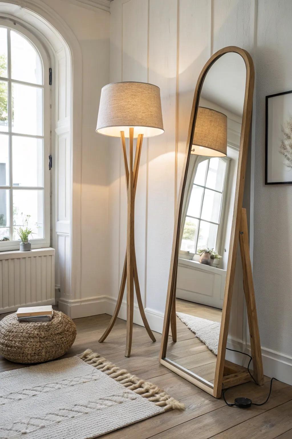 A mirror behind a corner lamp doubles the glow and makes tight corners feel wider.