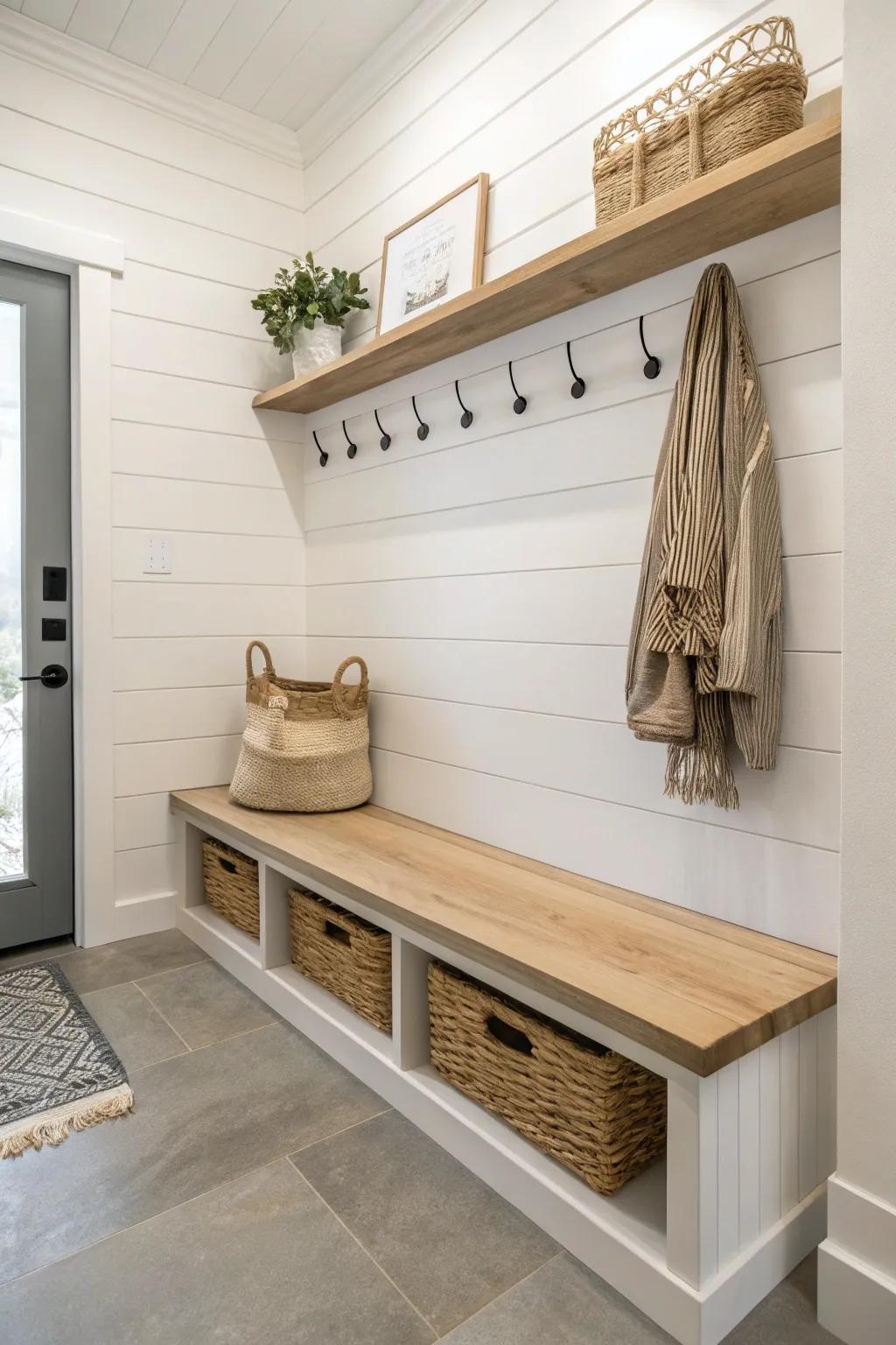 A floating corner bench keeps a tiny mudroom airy—and makes sweeping sand and pet hair easy.