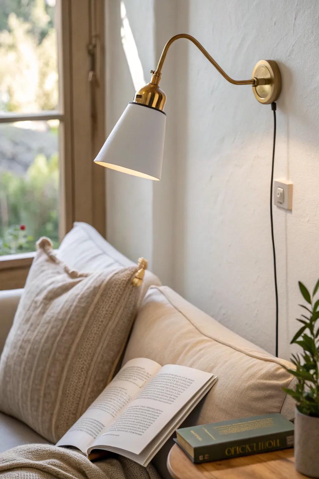 A plug-in sconce adds custom corner glow—no hardwiring, more room for books and tea.