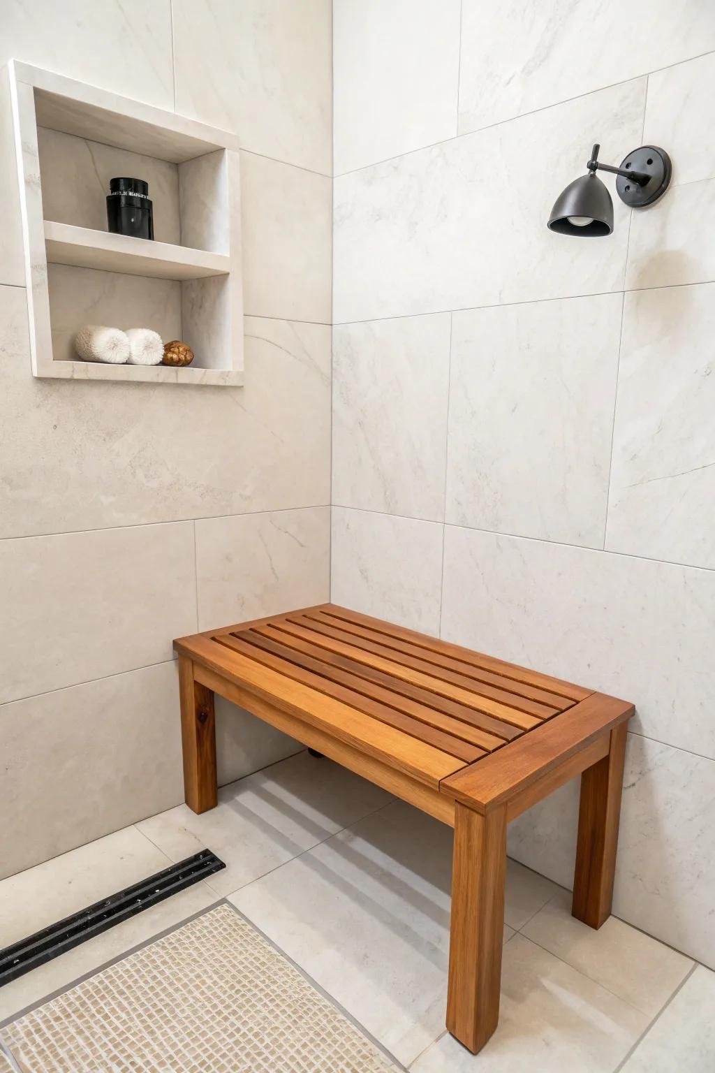Corner teak shower bench with a recessed niche above—minimal, cozy, and small-space smart.