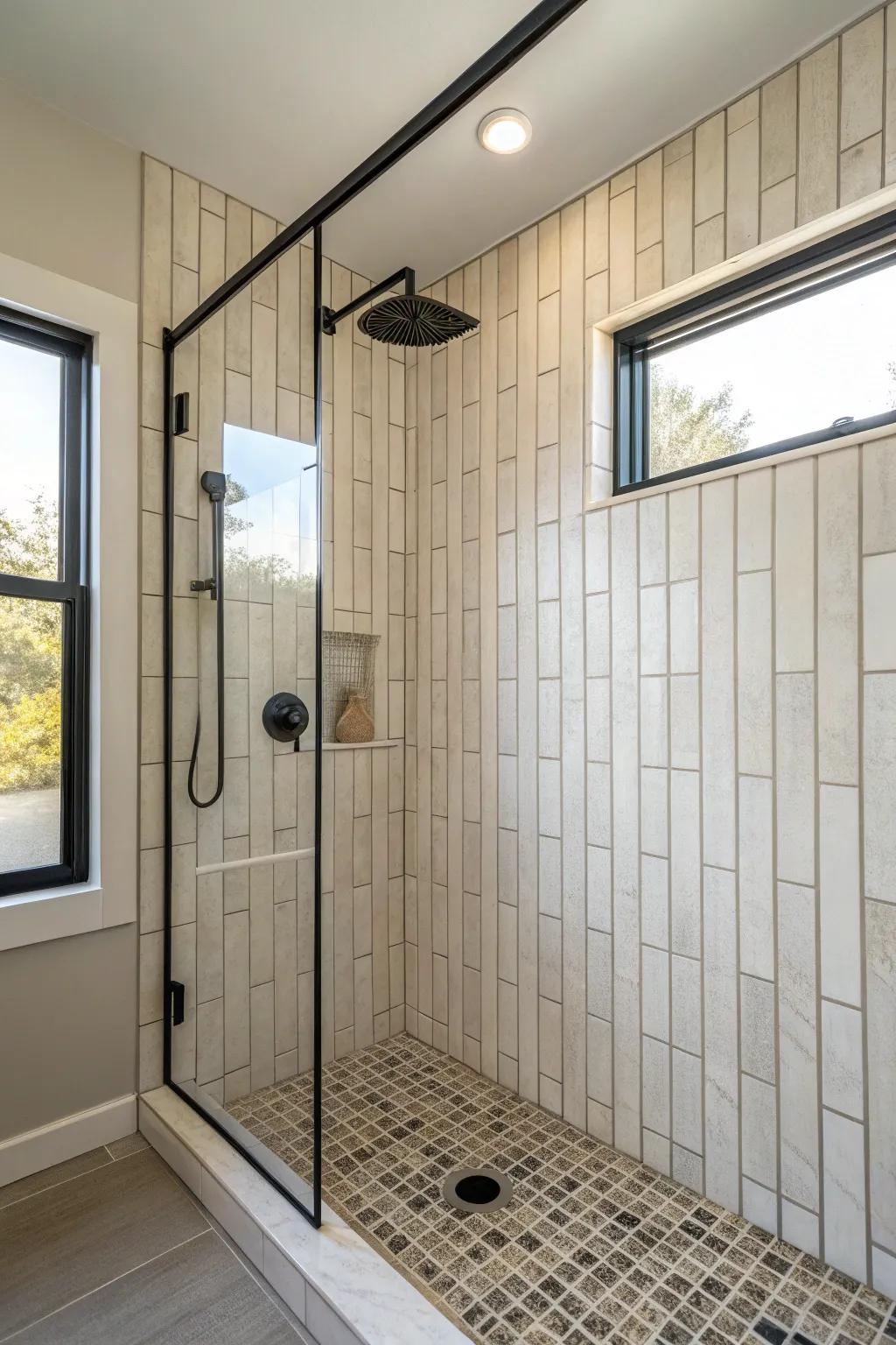 Floor-to-ceiling tile in a corner shower draws the eye up, making small baths feel taller.