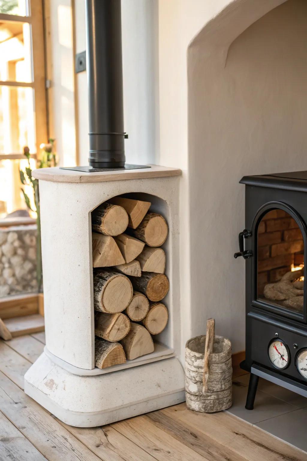 Built-in log storage beside a corner stove for a cozy, tidy small-space glow.