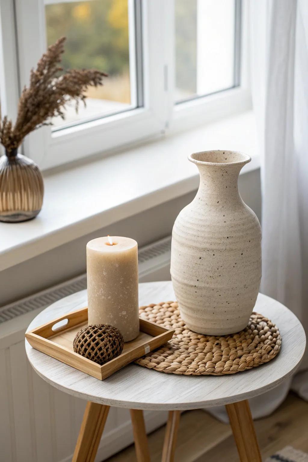 Layered textures—smooth ceramic, woven rattan, and matte candlelight—for a cozy corner table.