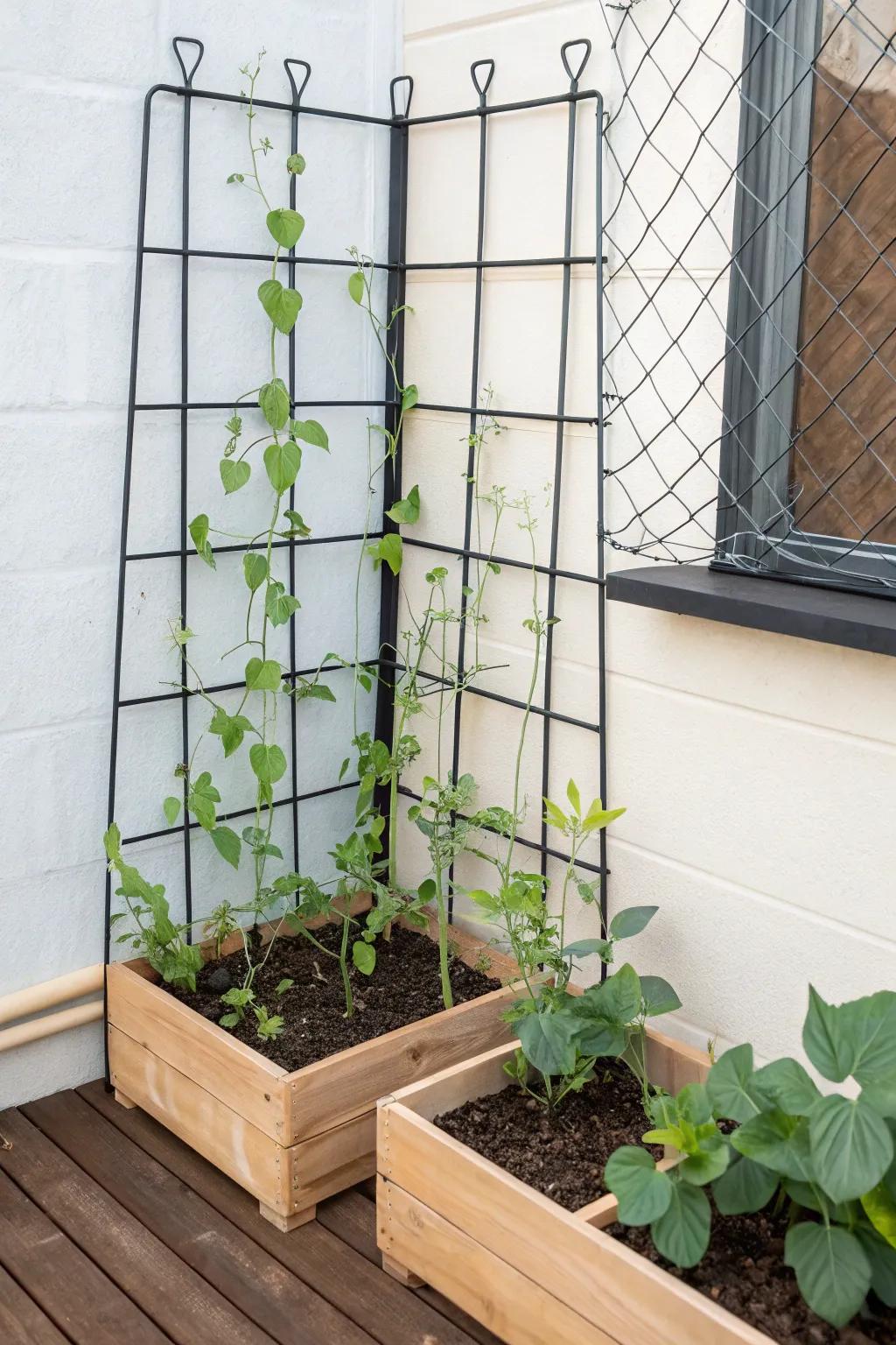 Wire-grid corner trellis: tidy peas & beans climbing high in a bright tiny-bed corner.