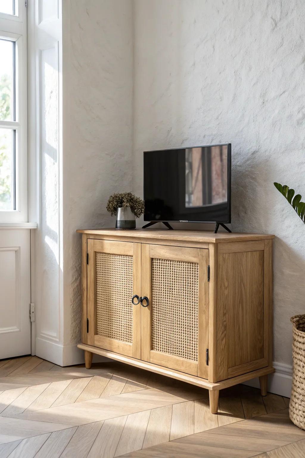 A corner TV cabinet with doors keeps the room calm—screen hidden, cozy lounge vibe.