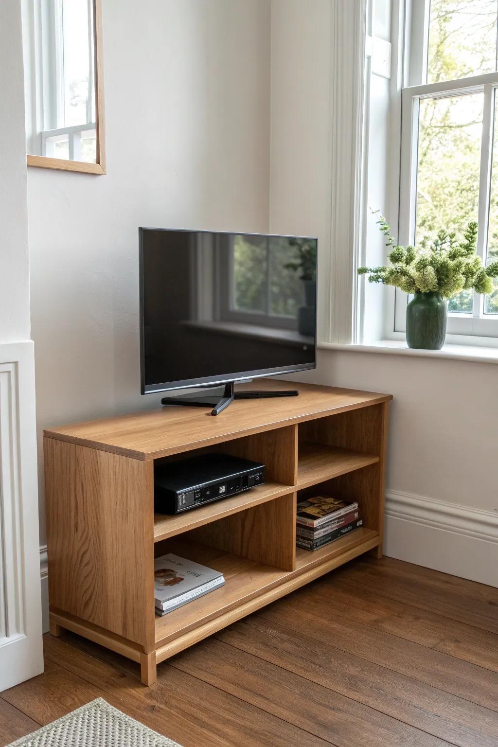 Rock-solid corner TV shelf with a discreet center post—minimal, warm wood, no worries.