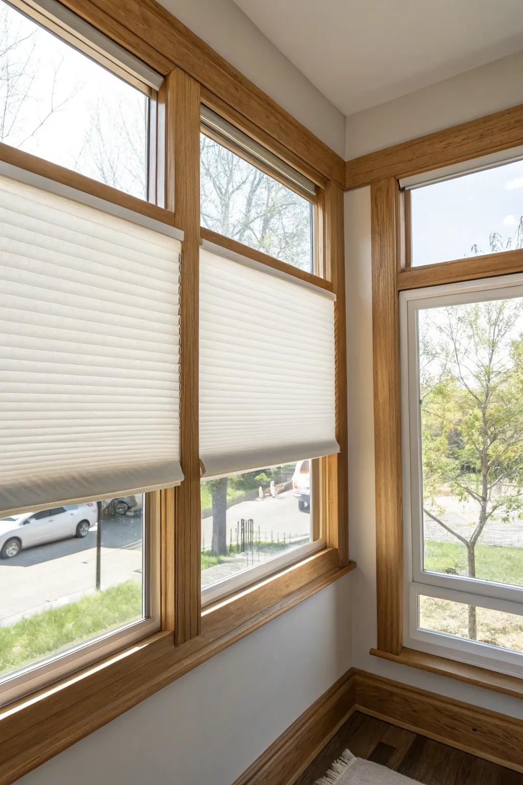 Top-down bottom-up cellular shades: privacy below, daylight above—perfect for tiny corners.