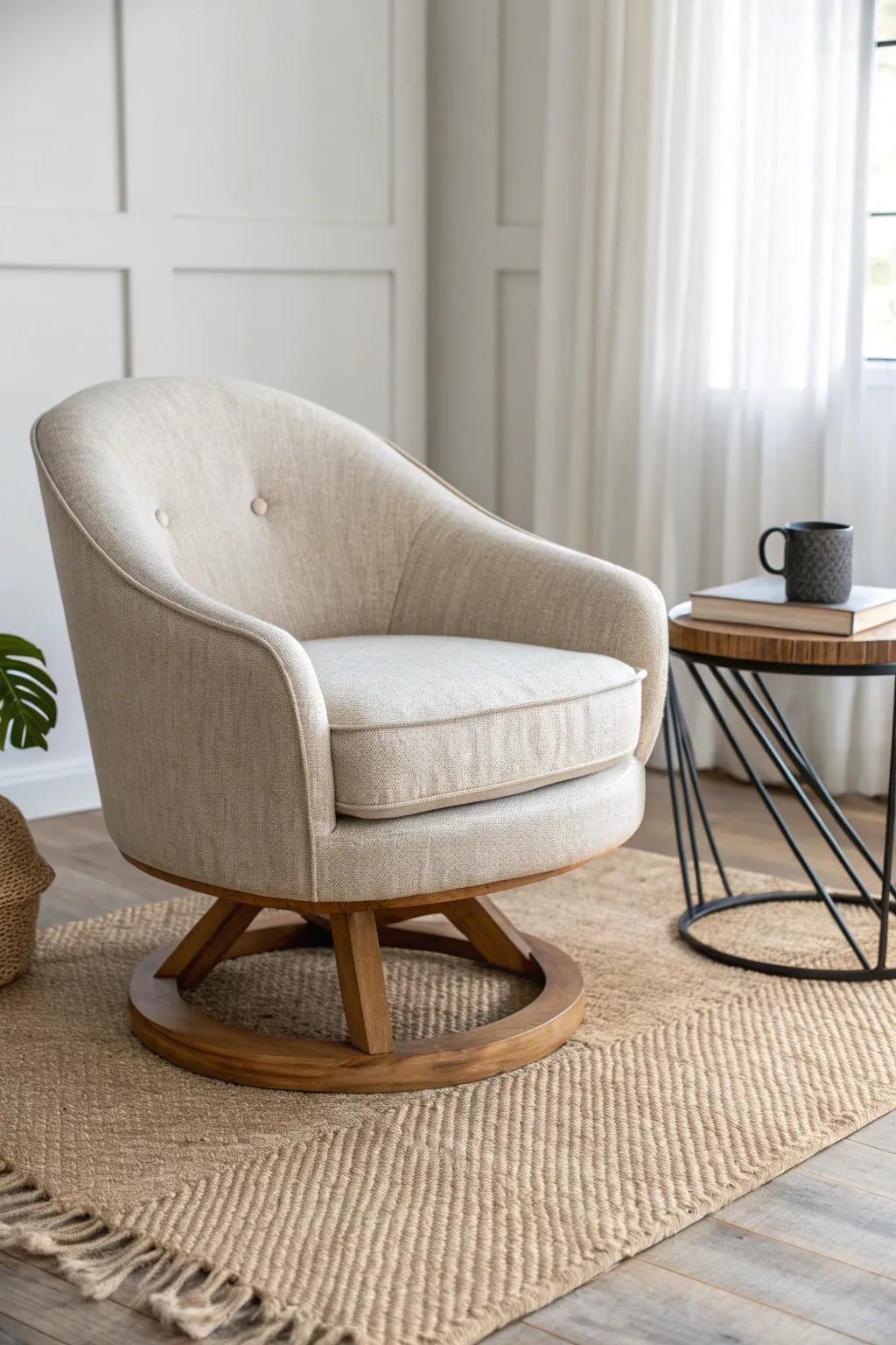 One swivel chair, endless angles—perfect for a flexible couchless small-space layout.