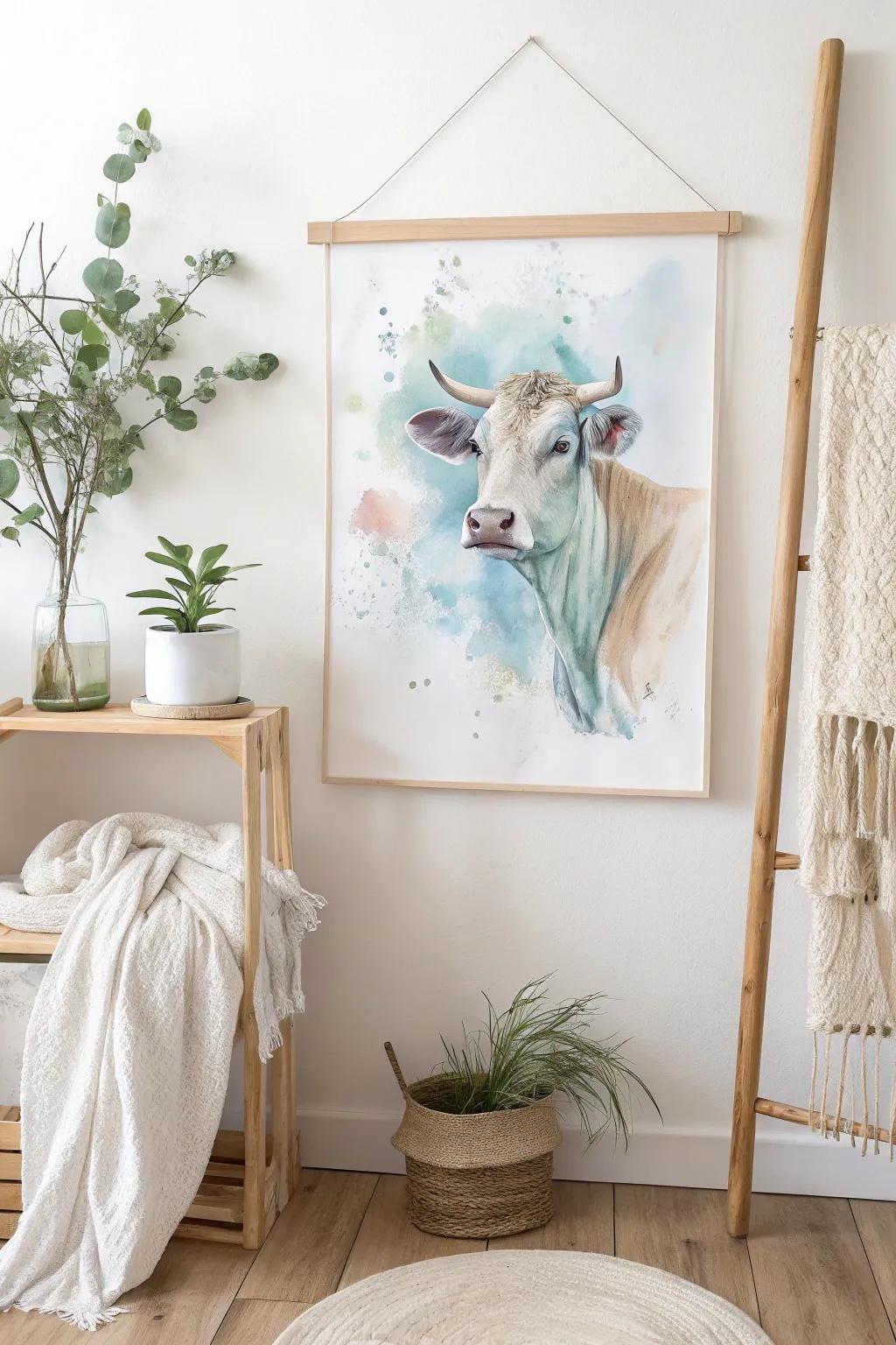 Embrace serenity with watercolor cow art, perfect for adding a touch of elegance to your space.