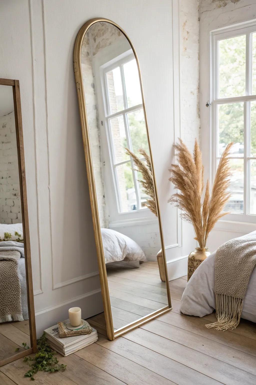 A statement mirror that bounces window light and instantly makes a small bedroom feel bigger.