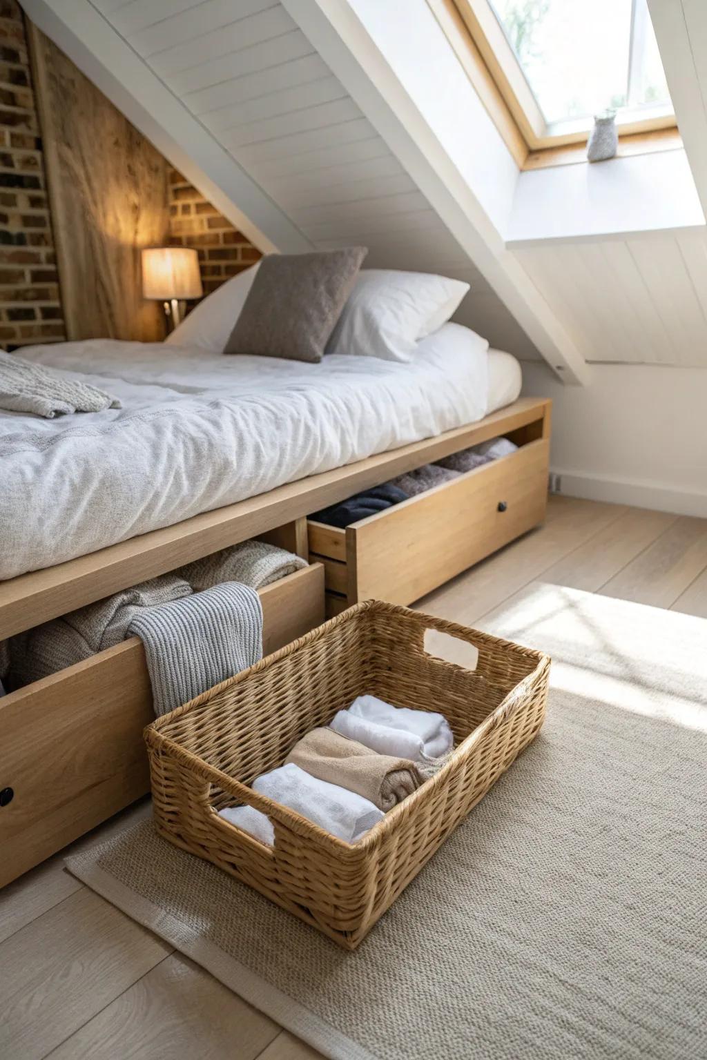 A woven under-bed bin hides extra linens, keeping your attic bedroom floor open and serene.