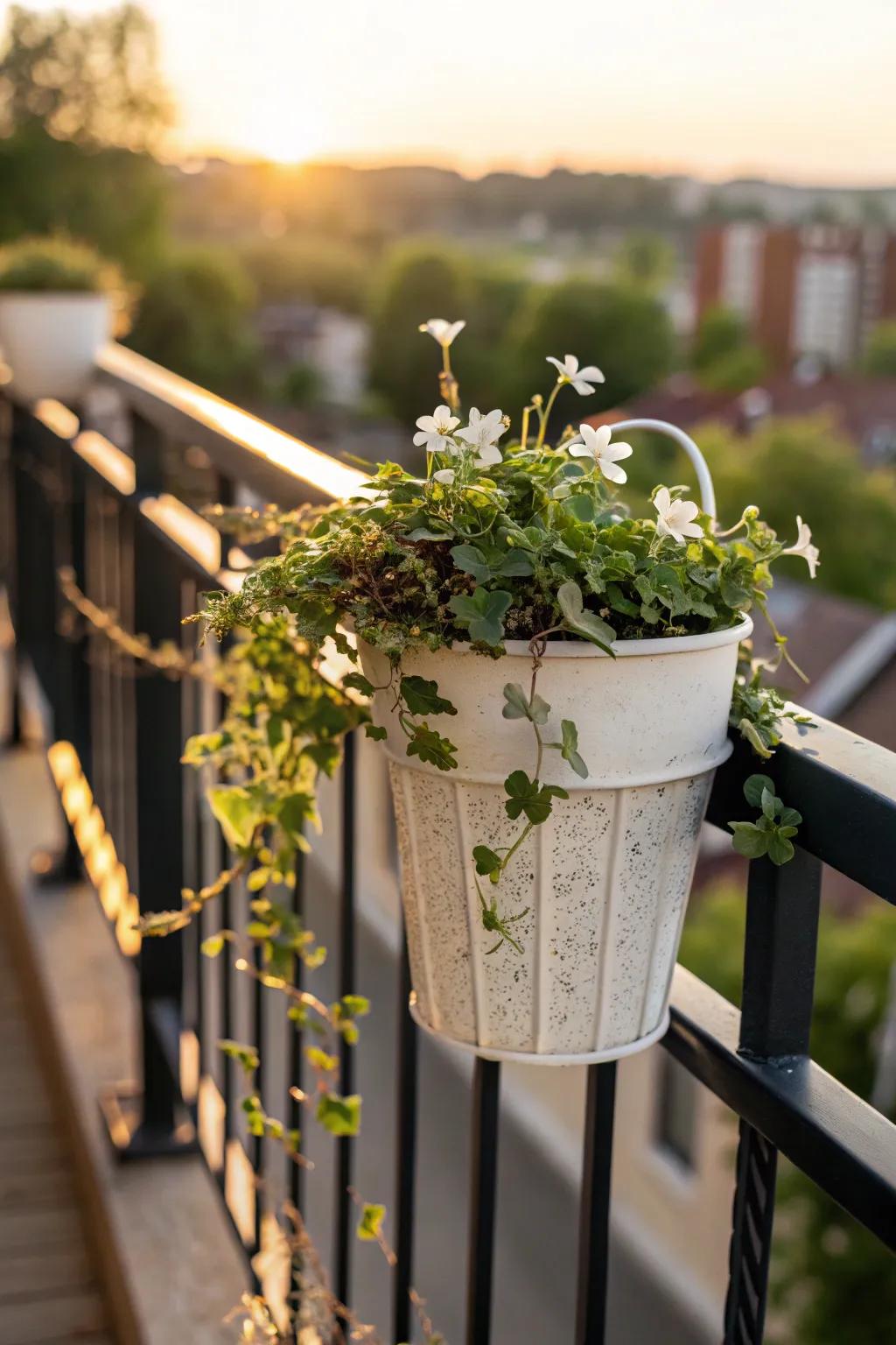 A simple hook-on railing planter adds a lush “garden edge” without stealing floor space.