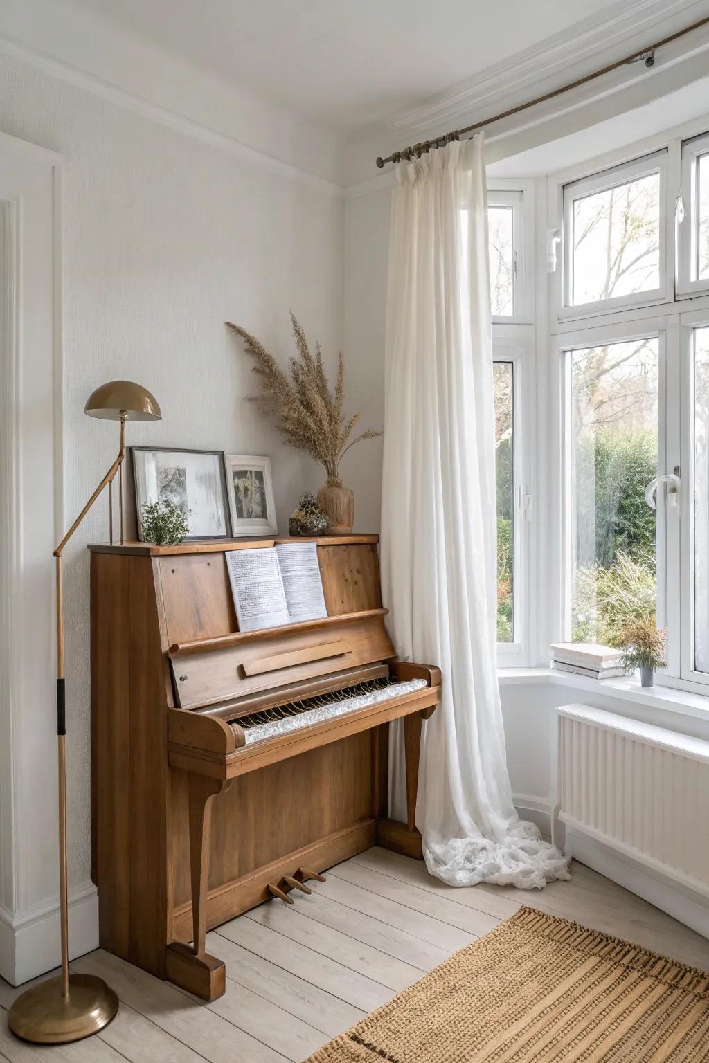 Turn an awkward nook into a dreamy mini piano corner with warm light and soft layers.